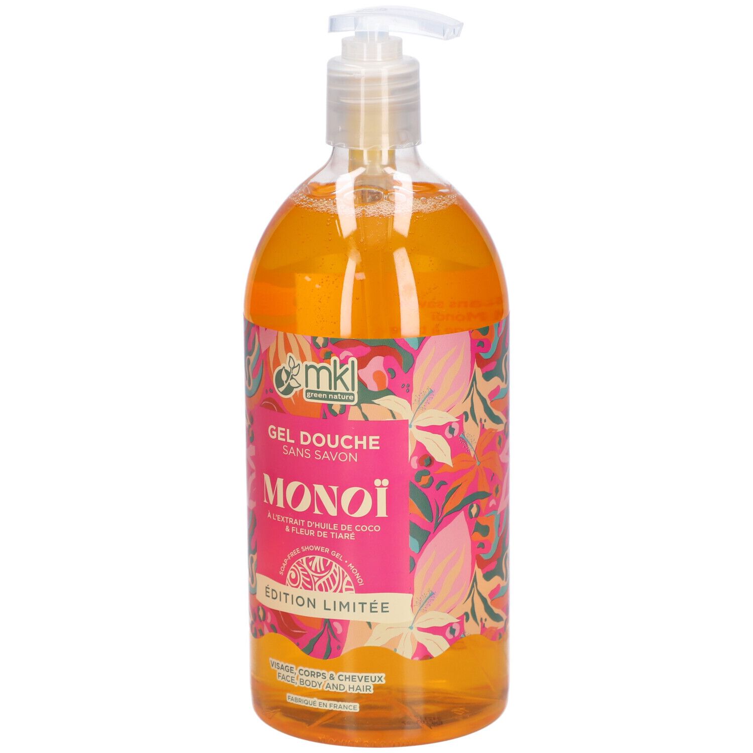 Flacon transparent de gel orange. Étiquette rose avec texte: Gel Douche Sans Savon Monoï, Édition Limitée. Logo MKL.