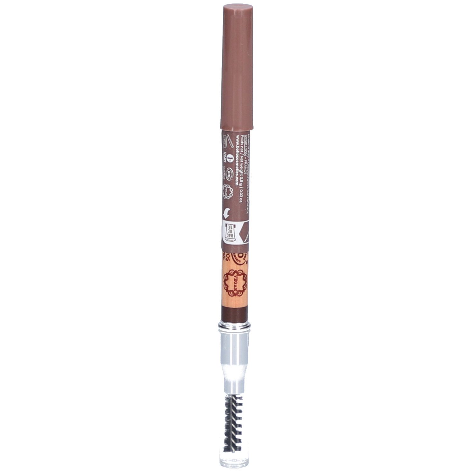 Crayon à sourcils avec brosse. Teinte 03 Brun. Mine marron, corps clair, capuchon marron. Brosse en bas.