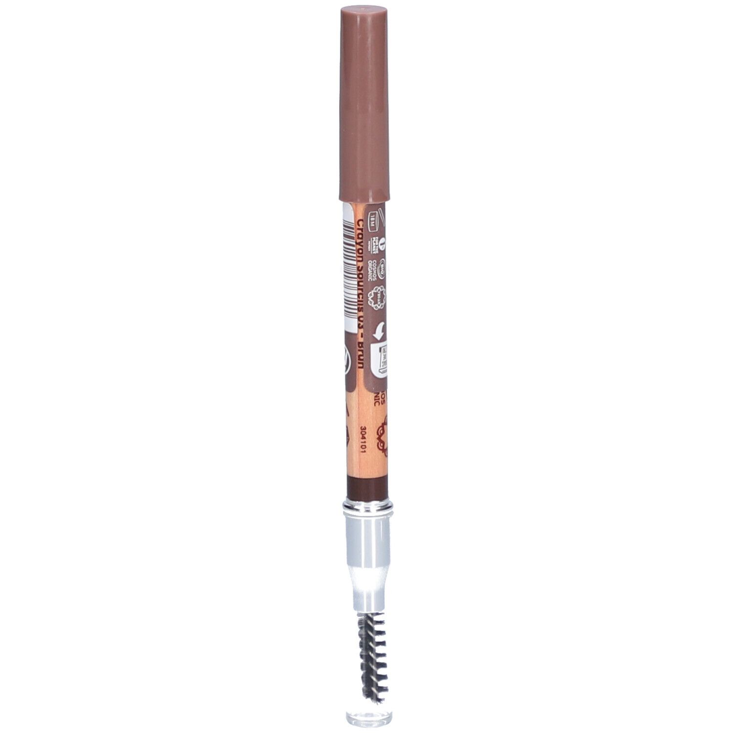 Crayon à sourcils avec brosse. Teinte 03 Brun. Mine marron, corps clair, capuchon marron. Brosse en bas.