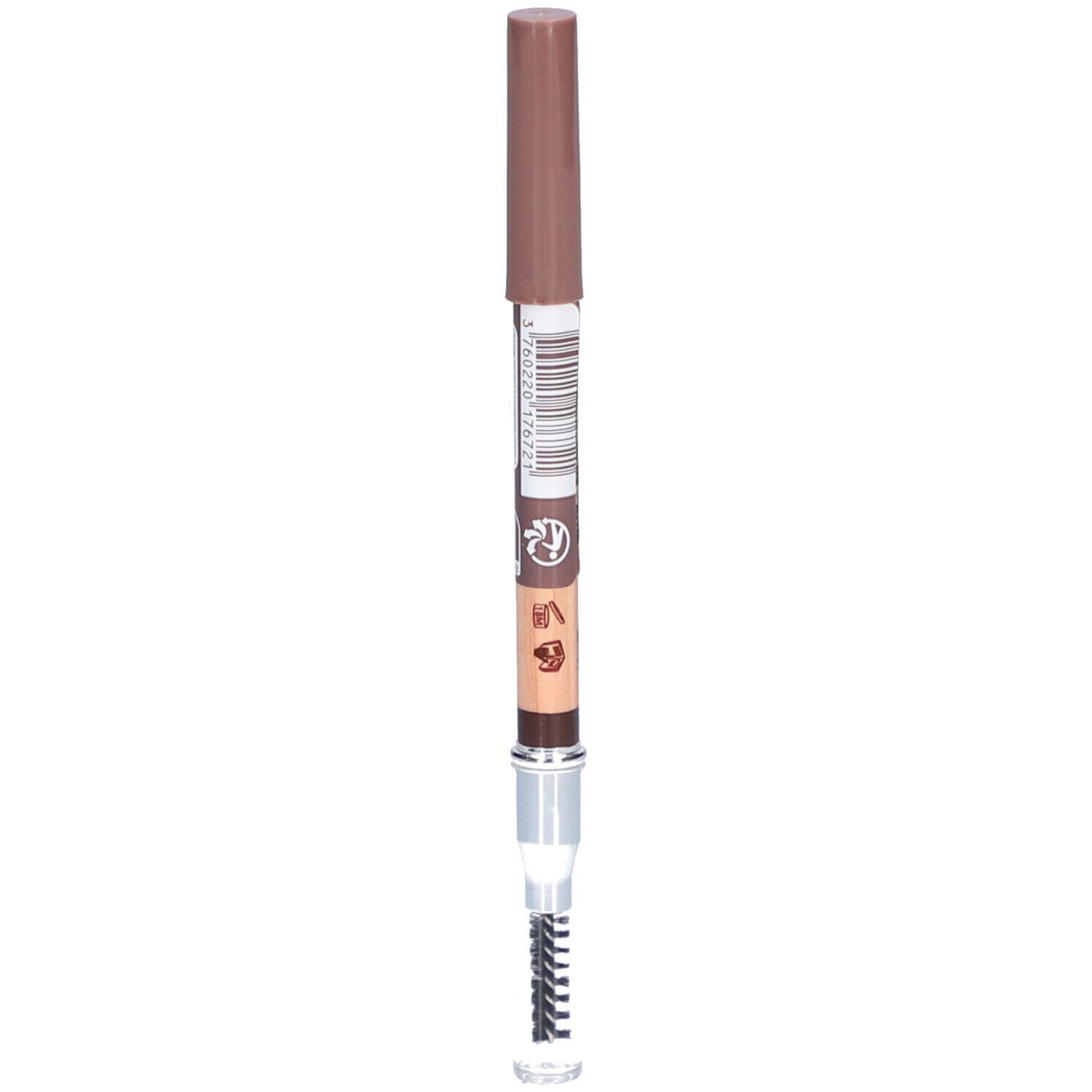 Crayon à sourcils avec brosse. Teinte 03 Brun. Mine marron, corps clair, capuchon marron. Brosse en bas.