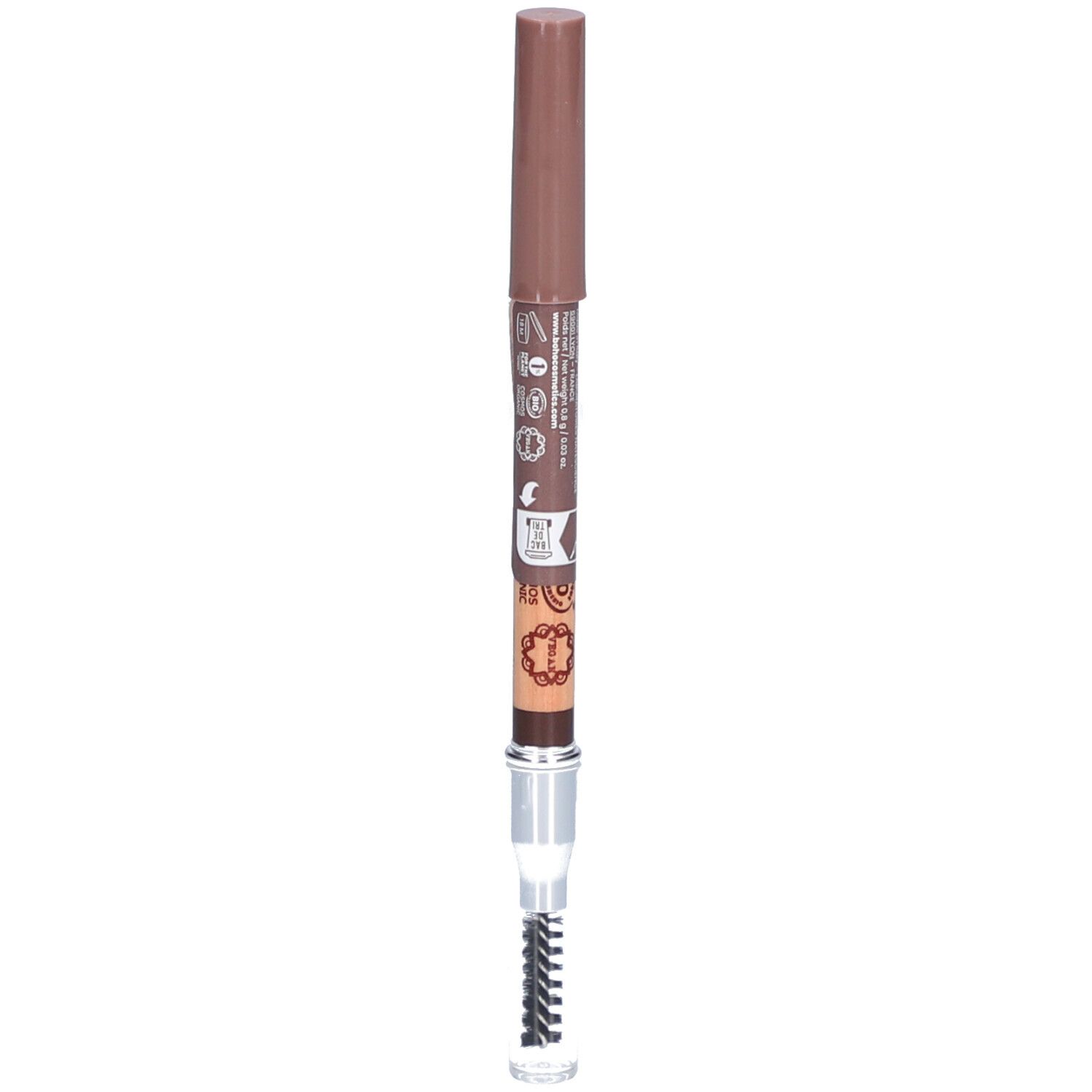 Crayon à sourcils avec brosse. Teinte 03 Brun. Mine marron, corps clair, capuchon marron. Brosse en bas.