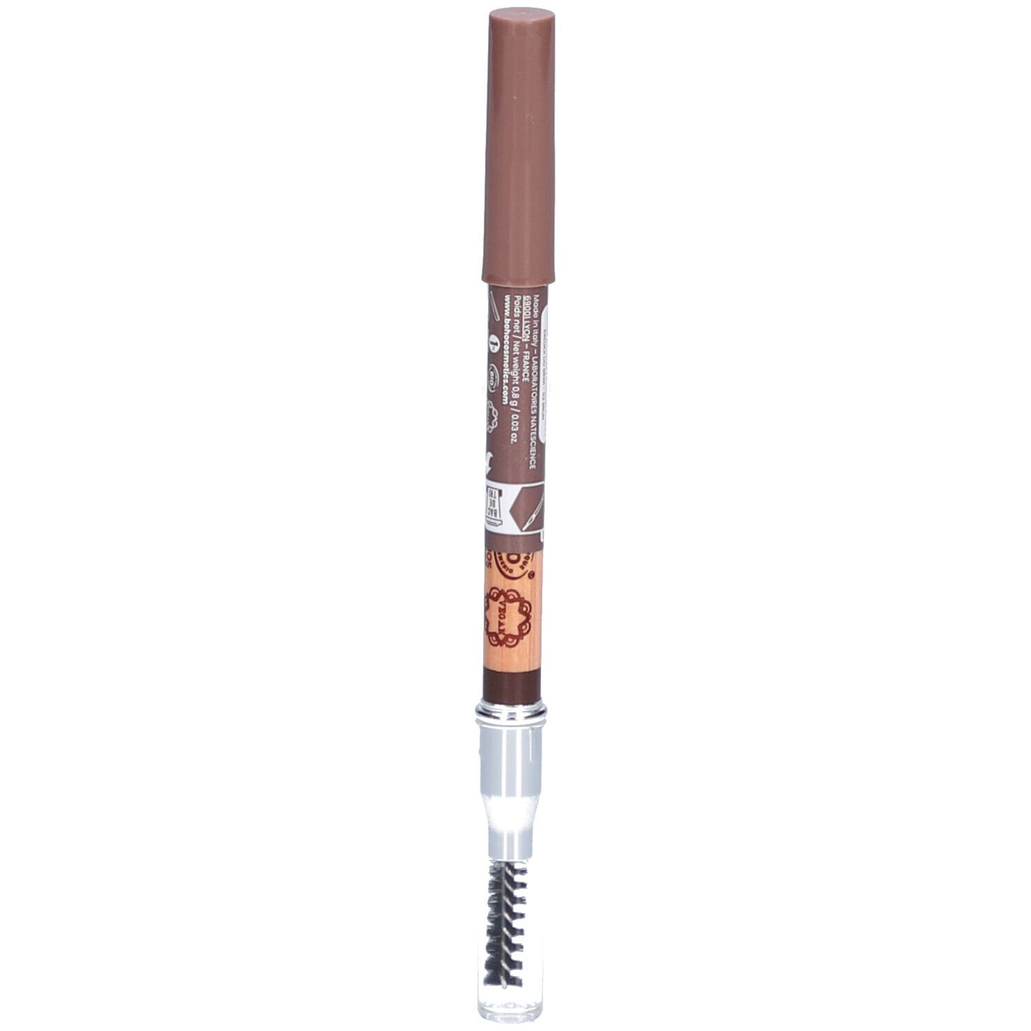 Crayon à sourcils avec brosse. Teinte 03 Brun. Mine marron, corps clair, capuchon marron. Brosse en bas.