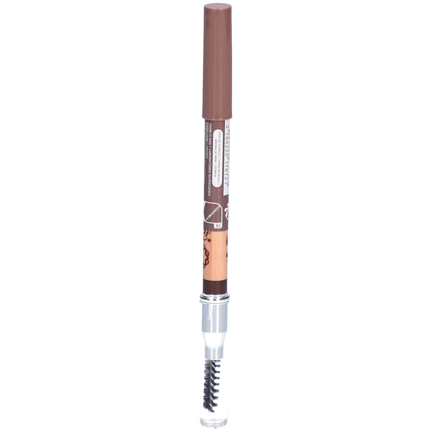 Crayon à sourcils avec brosse. Teinte 03 Brun. Mine marron, corps clair, capuchon marron. Brosse en bas.