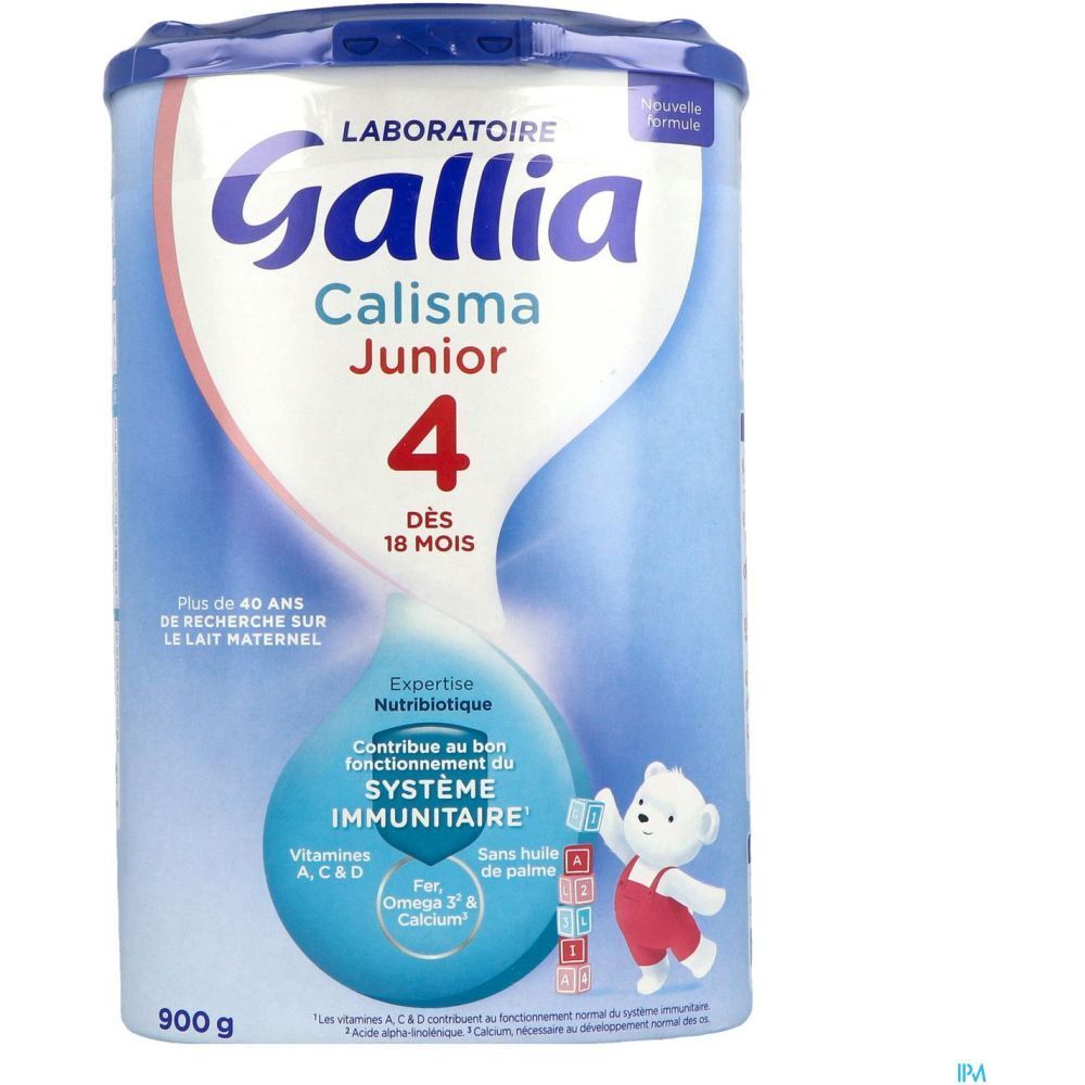 Boîte Gallia Calisma Junior 4. Boîte bleue avec texte blanc. Pour enfants dès 18 mois. Contient vitamines, fer et calcium.