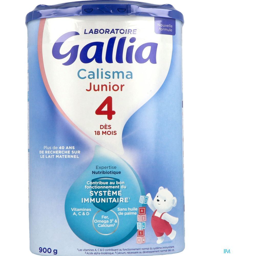 Boîte Gallia Calisma Junior 4. Boîte bleue avec texte blanc. Pour enfants dès 18 mois. Contient vitamines, fer et calcium.