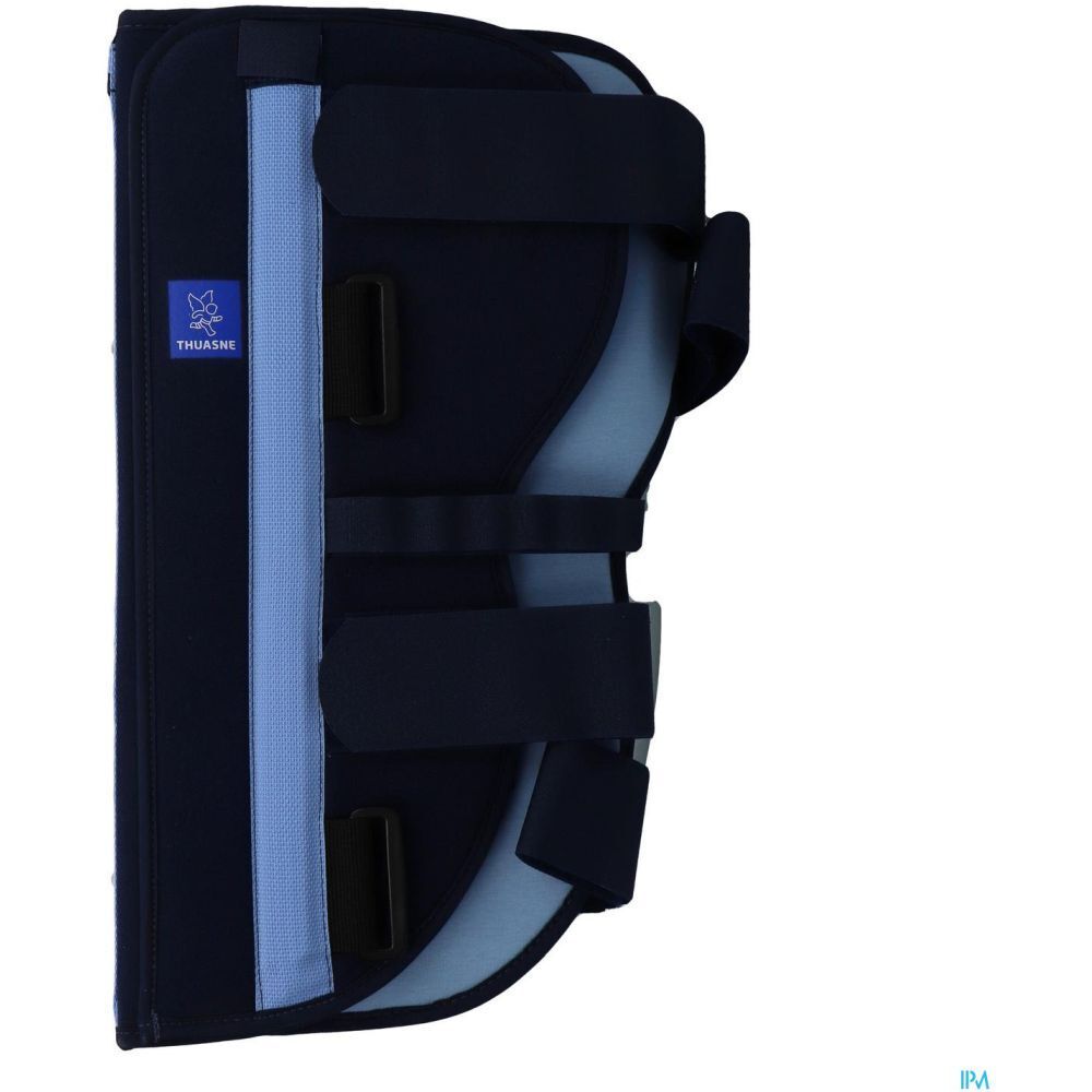 Orthèse de genou THUASNE LigaFlex IMMO 0° Taille S. Bleu foncé avec détails bleu clair. Fermetures velcro.