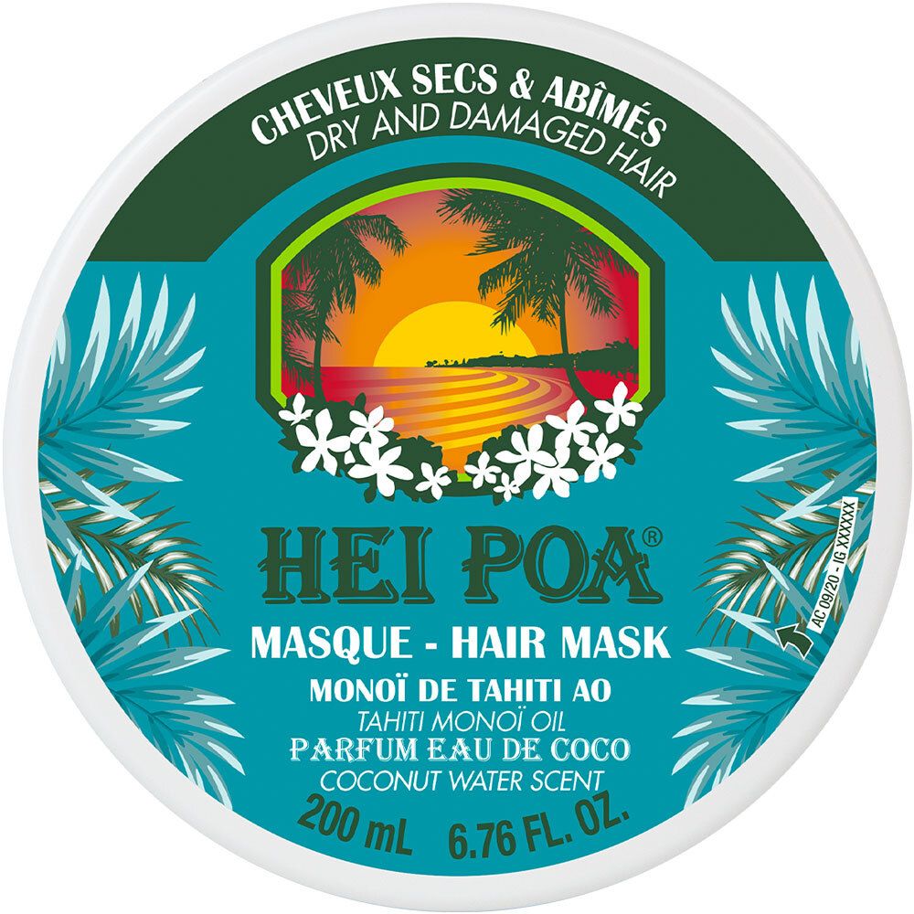 Pot de masque capillaire HEI POA®, vue de dessus. Emballage turquoise et blanc avec logo et informations. Inscription : Cheveux secs & abîmés.