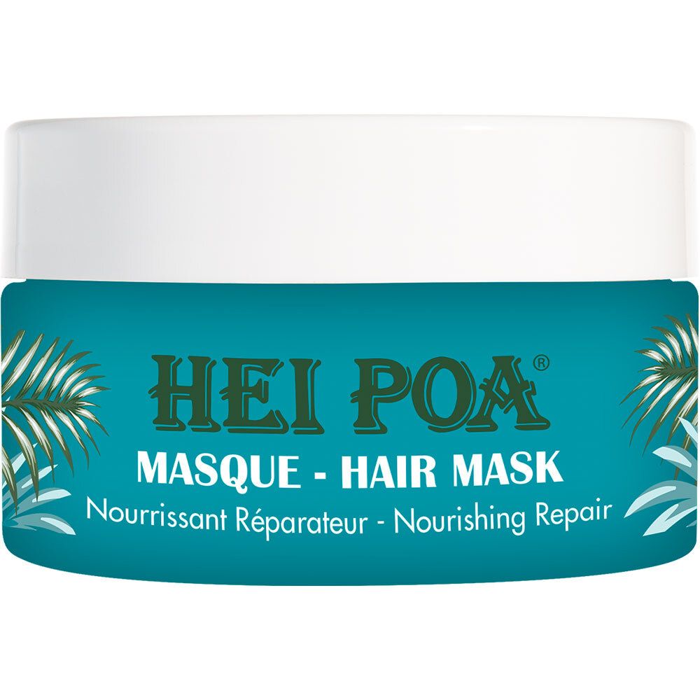 Pot cylindrique de masque capillaire HEI POA®. Emballage turquoise et blanc avec logo et informations. Inscription : Masque - Hair Mask.