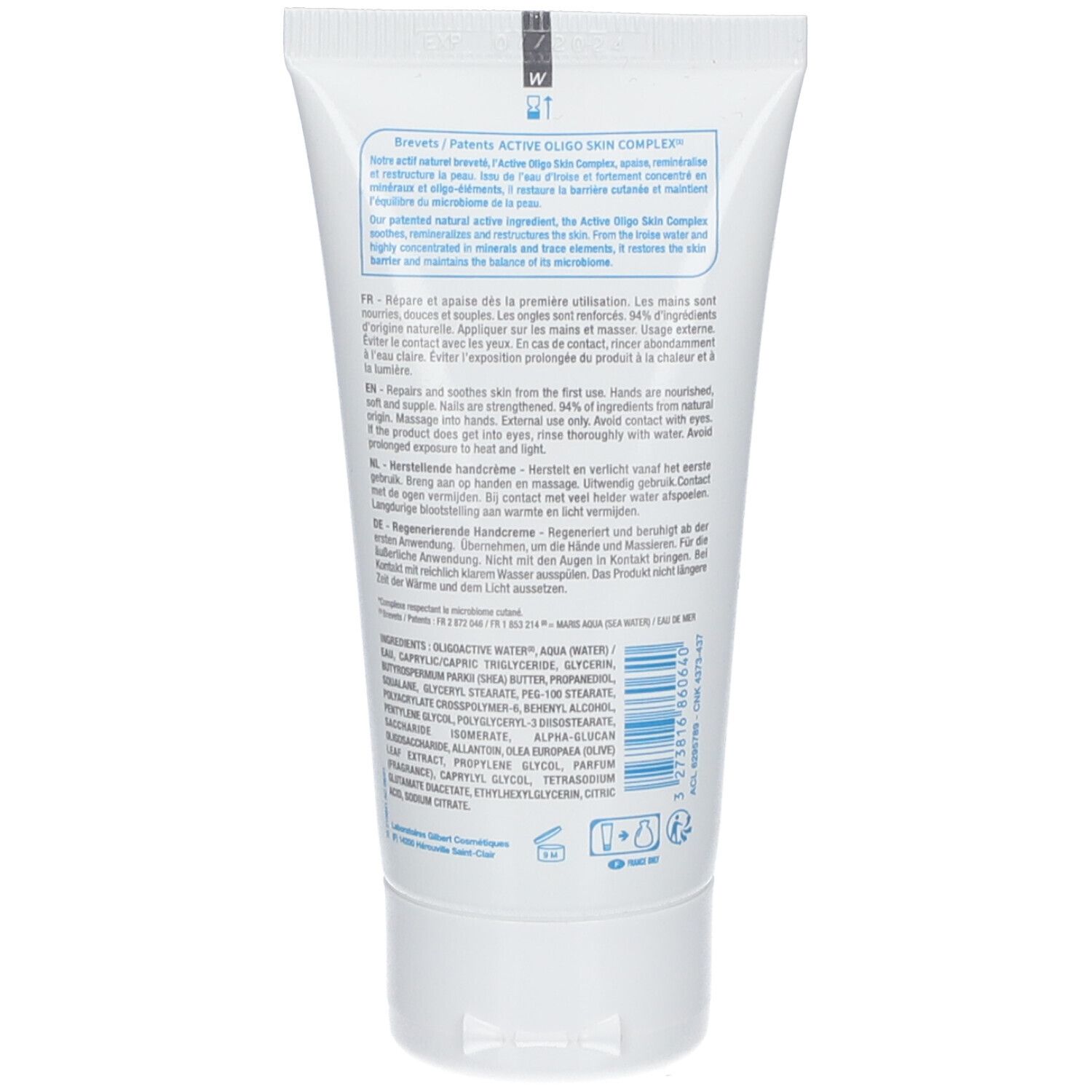 Achterkant van de tube NEUTRADERM Crème mains réparatrice. Meertalige tekst. Ingrediënten en gebruiksaanwijzing.