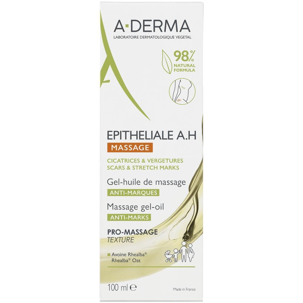 Verpackung. A-DERMA EPITHELIALE A.H. Massage. Für Narben & Dehnungsstreifen. 98% natürliche Formel. 100 ml. Pro-Massage Textur.