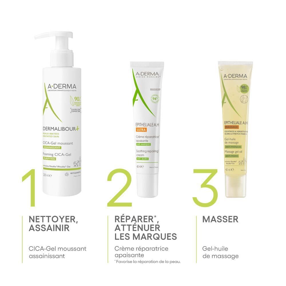 Drei Produkte. 1: Dermalibour+ Cica-Gel. 2: Epitheliale A.H. Ultra Creme. 3: Epitheliale A.H. Massage Gel-Öl.