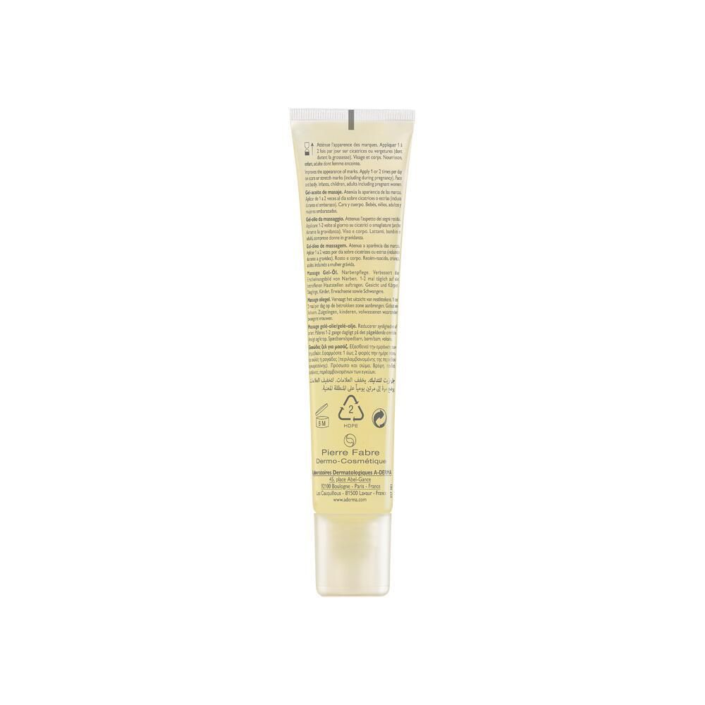 Dos du tube de gel-huile A-DERMA Epitheliale A.H Massage. Texte et symboles.