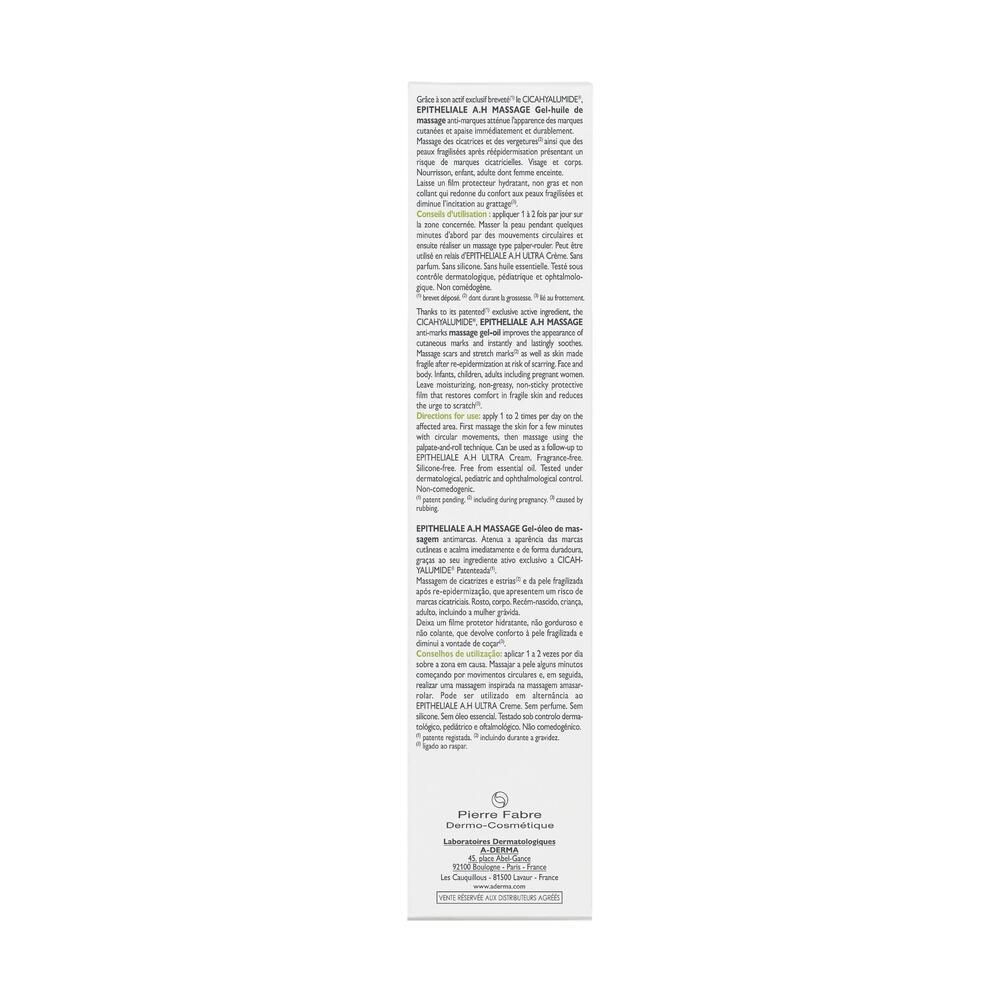 Dos du tube de gel-huile A-DERMA Epitheliale A.H Massage. Texte multilingue.