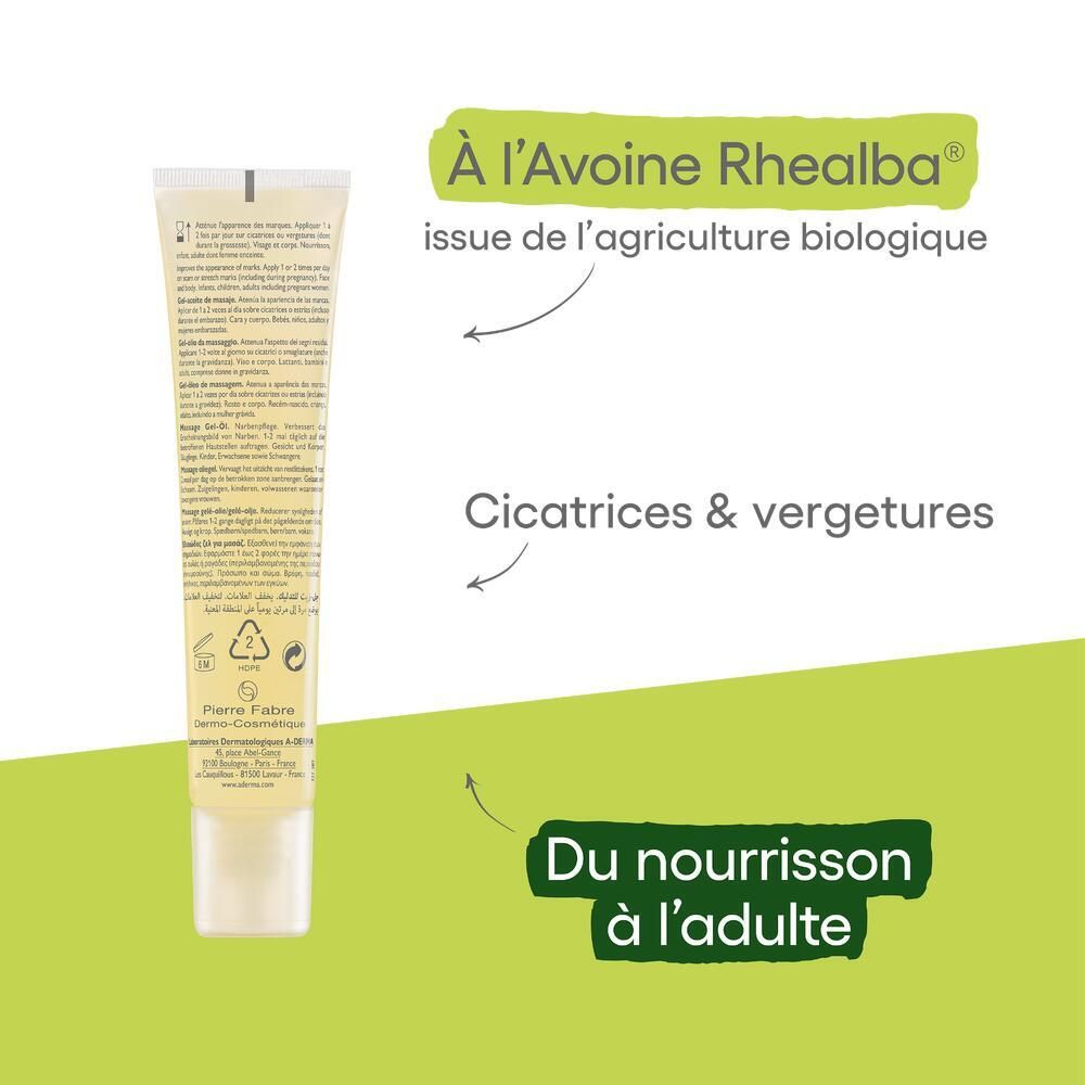 Tube de gel-huile A-DERMA Epitheliale A.H Massage. Texte : Avoine Rhealba, cicatrices et vergetures.