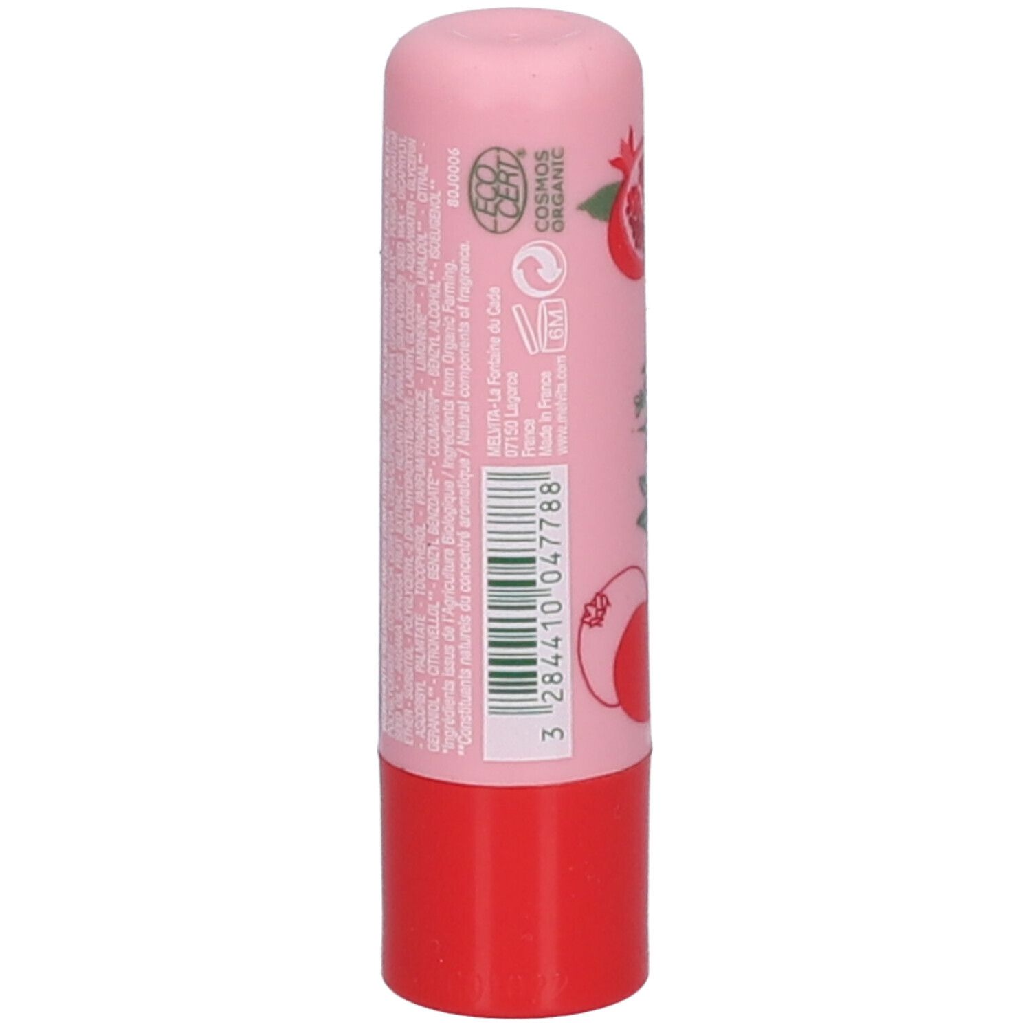 Achterkant lippenbalsem met tekst en barcode. Roze-rode stick.