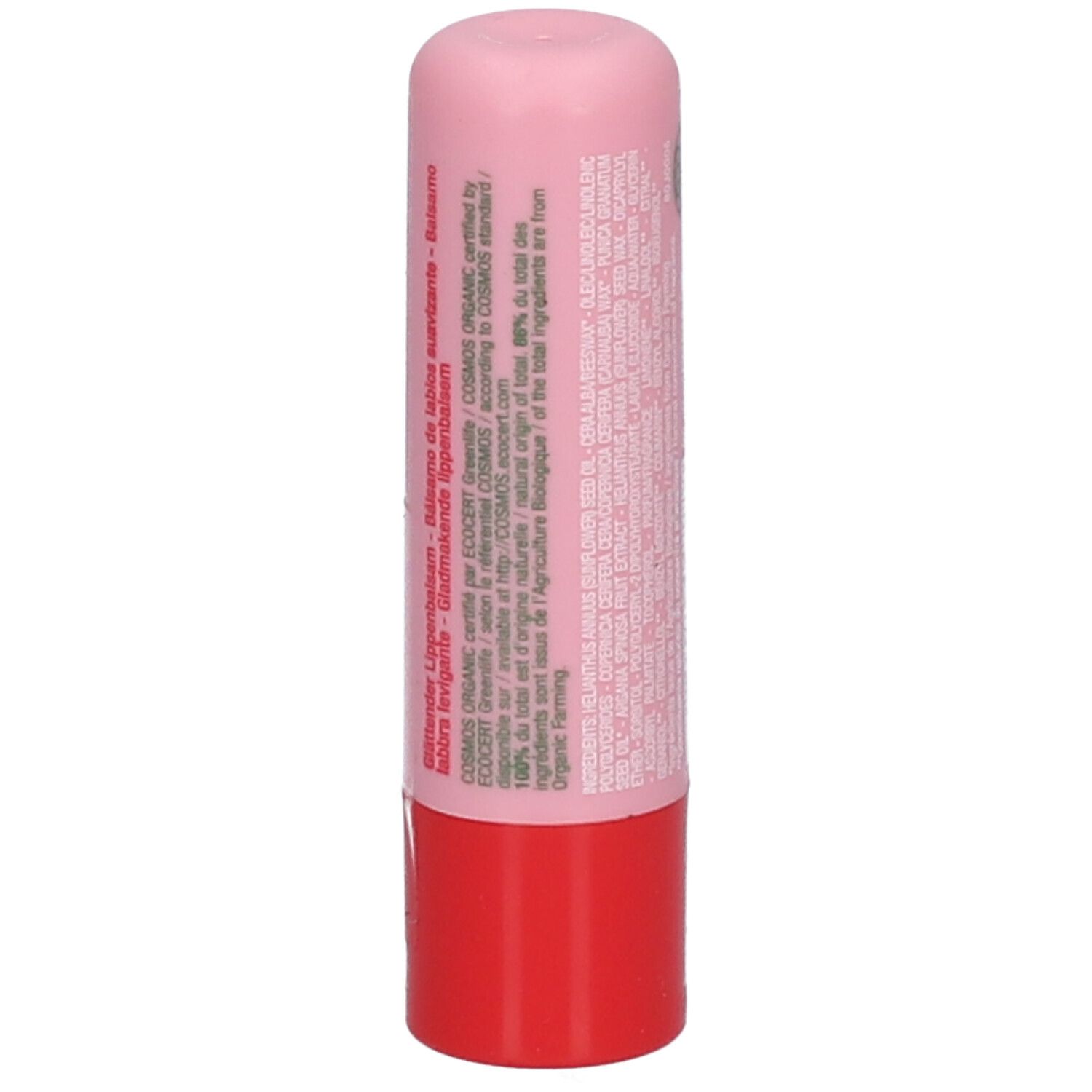 Achterkant lippenbalsem met tekst. Roze-rode stick.