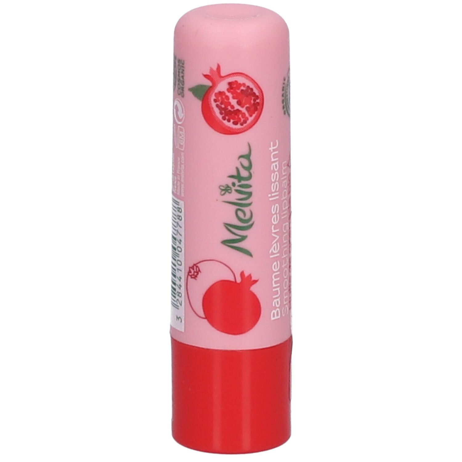 Roze-rode lippenbalsem, granaatappel illustraties en tekst. Merk Melvita.