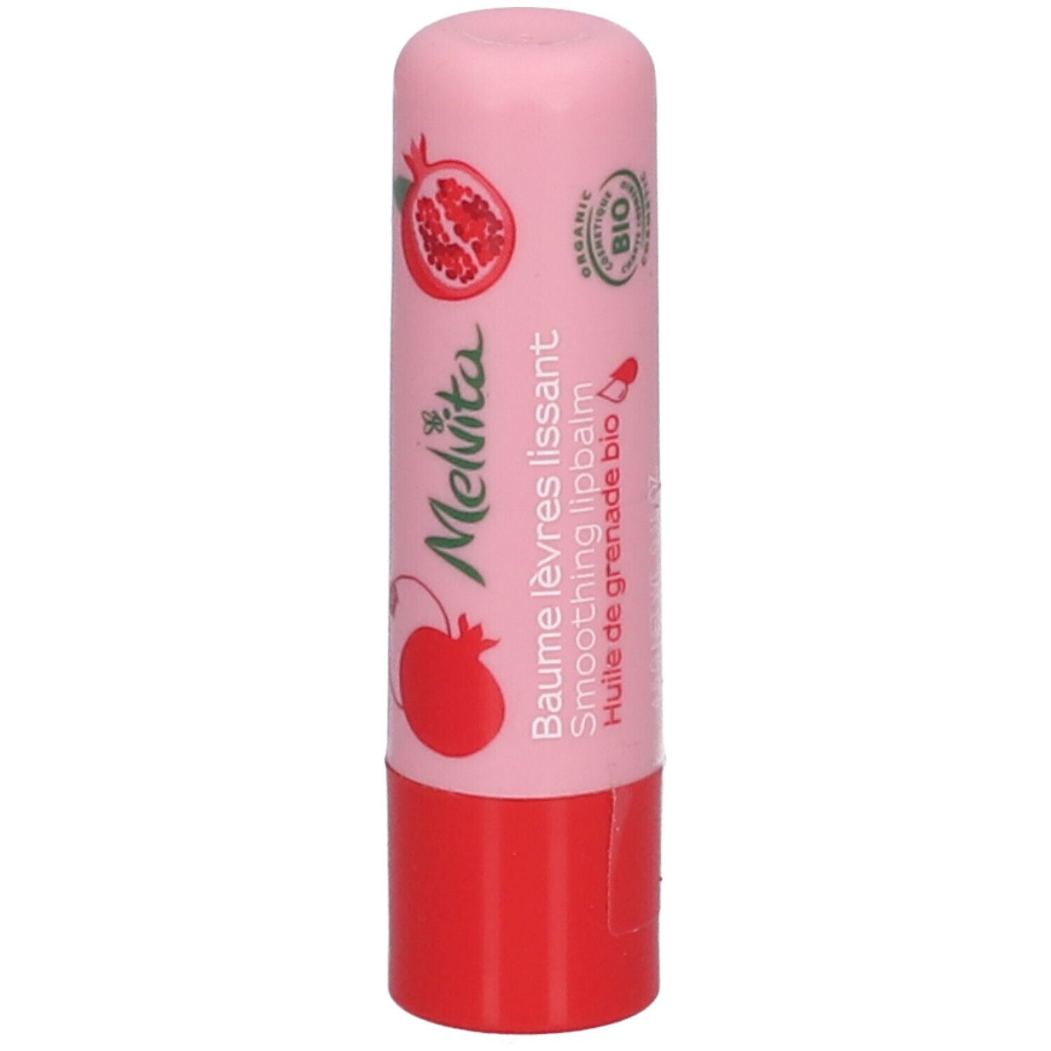 Roze-rode lippenbalsem, granaatappel illustraties en tekst. Merk Melvita.