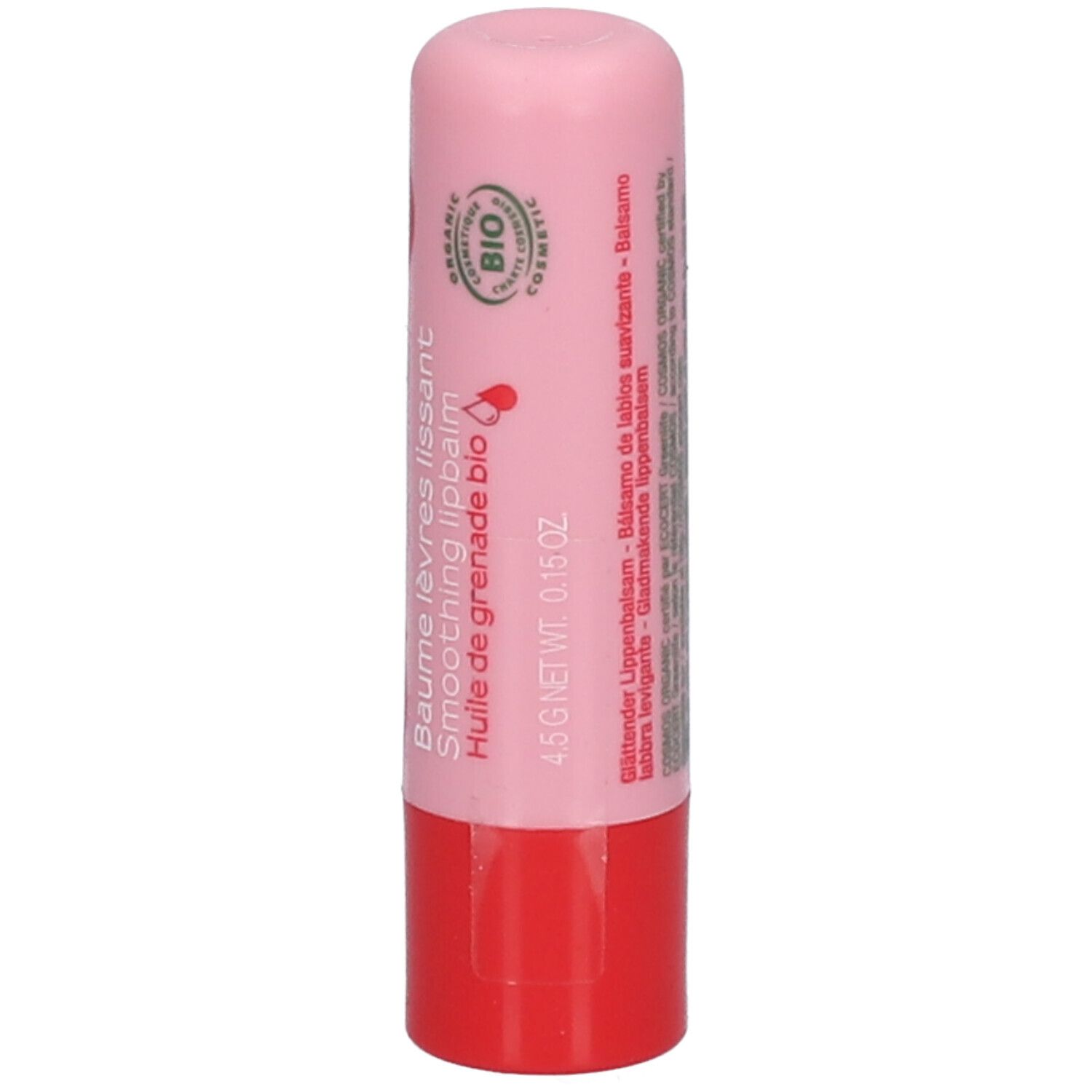 Roze-rode lippenbalsem, granaatappel illustraties en tekst. Merk Melvita.