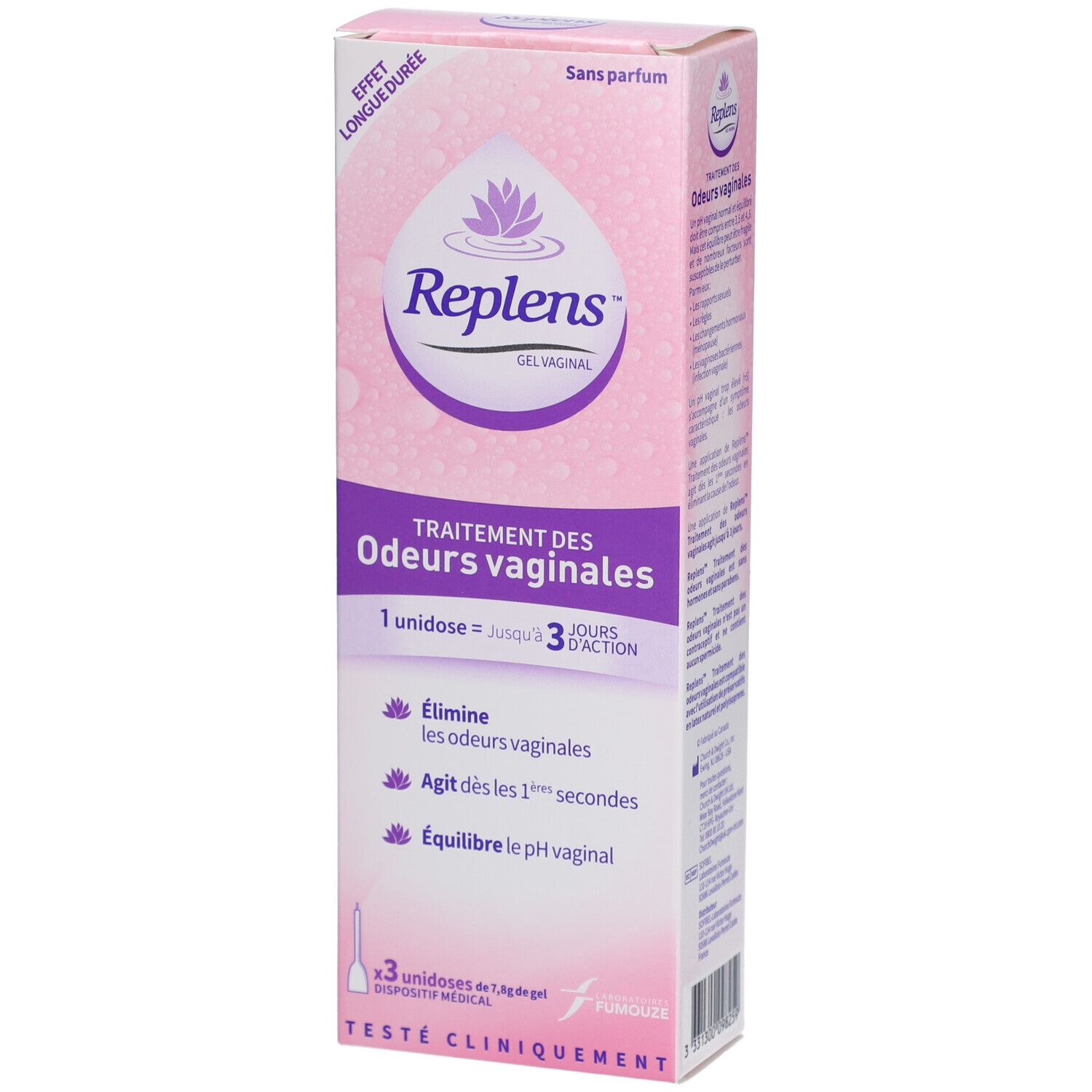 Boîte rose Replens Gel. Texte: Traitement des odeurs vaginales. 3 unidoses, testé cliniquement.