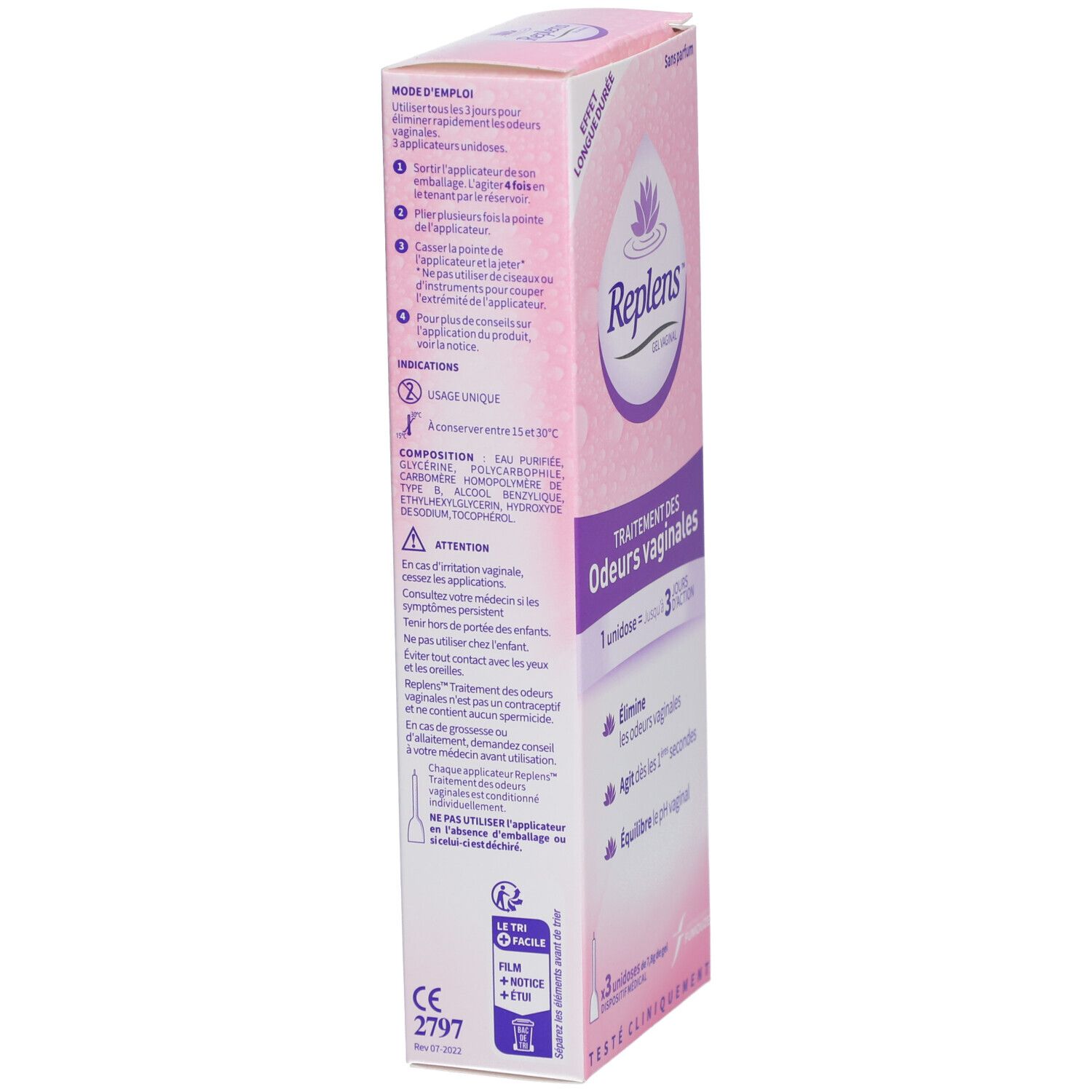 Emballage rose Replens Gel. Texte: Traitement des odeurs vaginales. Mode d'emploi et ingrédients.