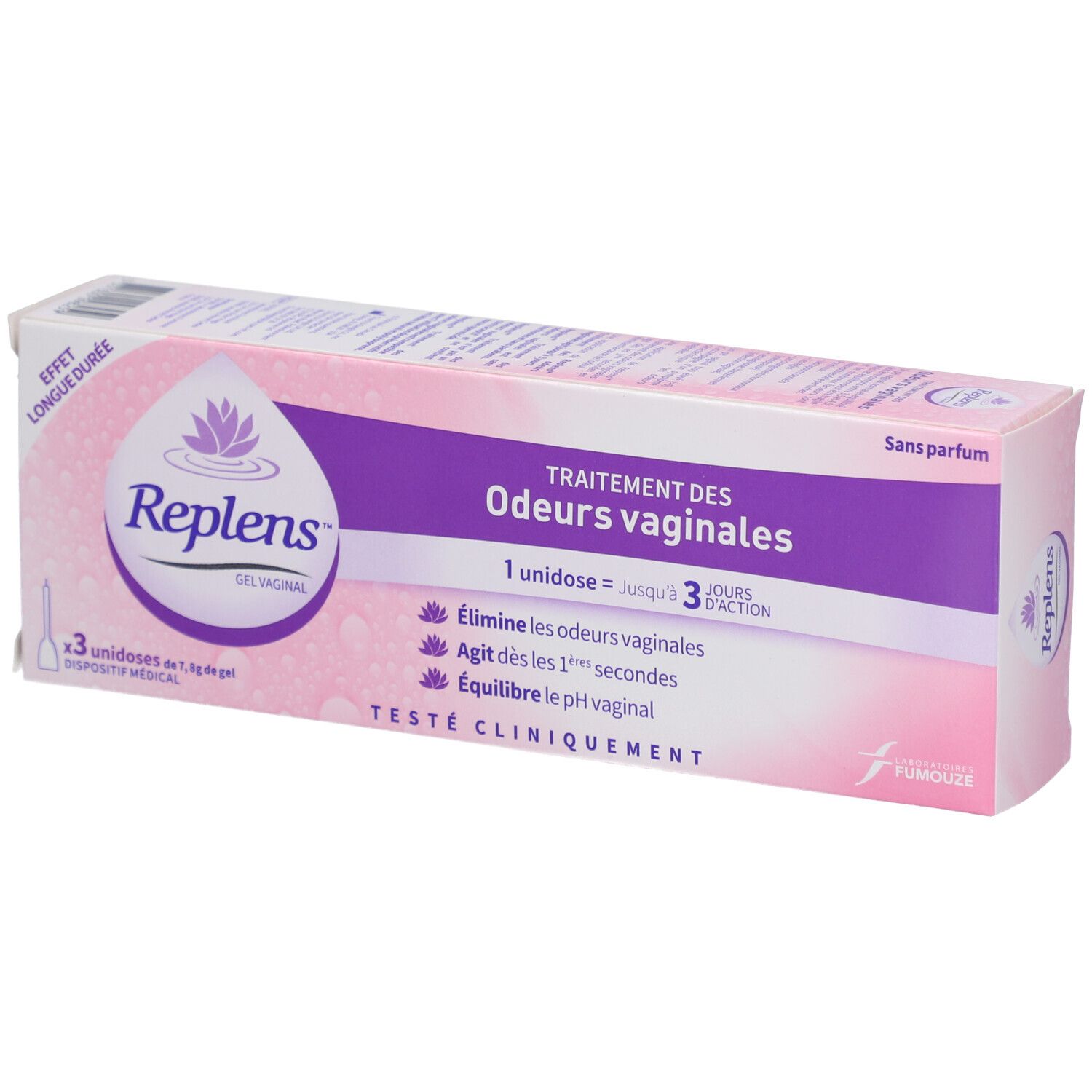 Boîte rose Replens Gel. Texte: Traitement des odeurs vaginales. 3 unidoses, testé cliniquement.