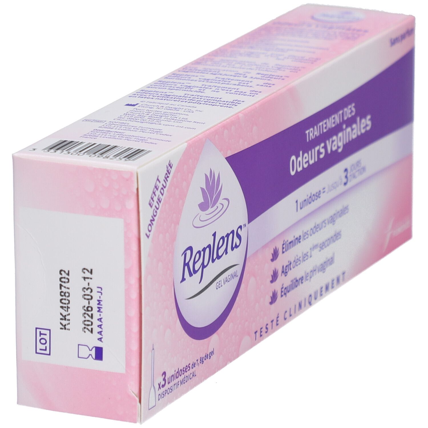 Boîte rose Replens Gel. Texte: Traitement des odeurs vaginales. Numéro de lot et date d'expiration.
