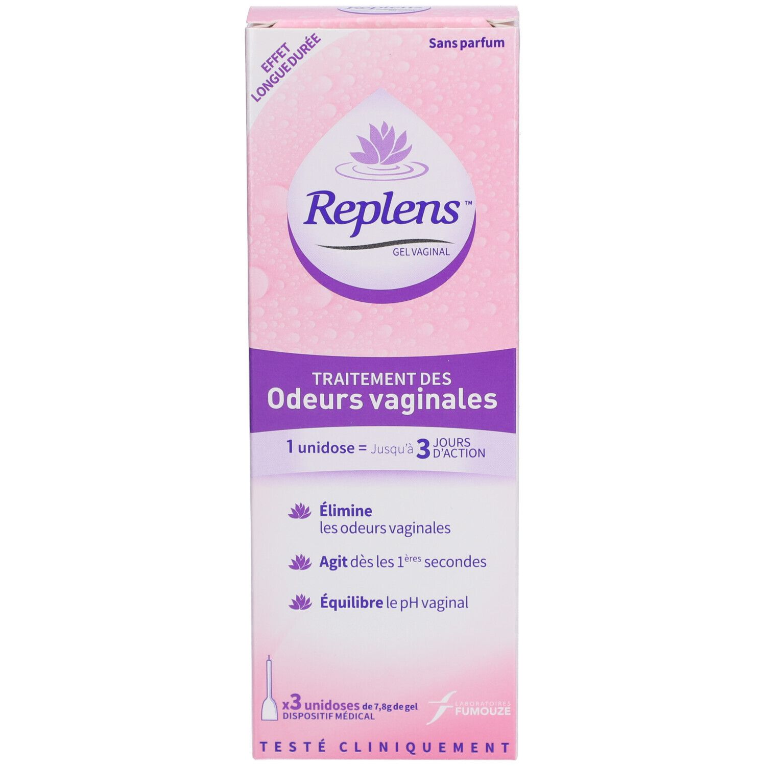 Boîte rose Replens Gel. Texte: Traitement des odeurs vaginales. 3 unidoses, testé cliniquement.