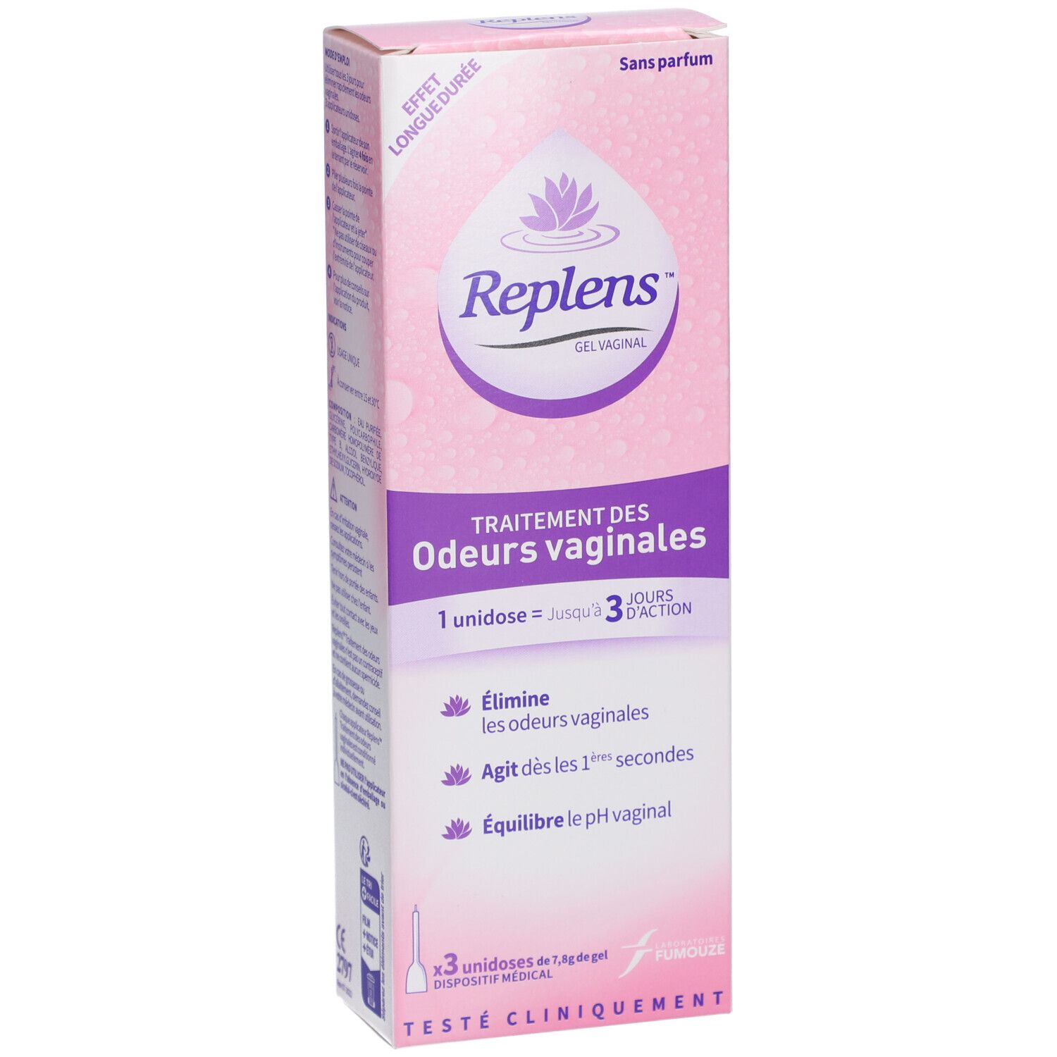 Boîte rose Replens Gel. Texte: Traitement des odeurs vaginales. 3 unidoses, testé cliniquement.
