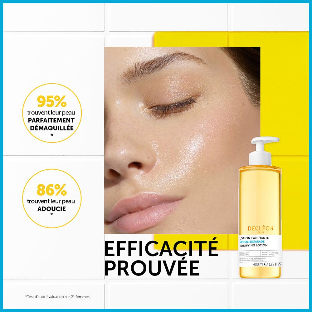 Visage d'une femme. Inscription : EFFICACITÉ PROUVÉE. Lotion DECLÉOR avec pompe. Liquide jaune. Texte : 95% peau parfaitement démaquillée.