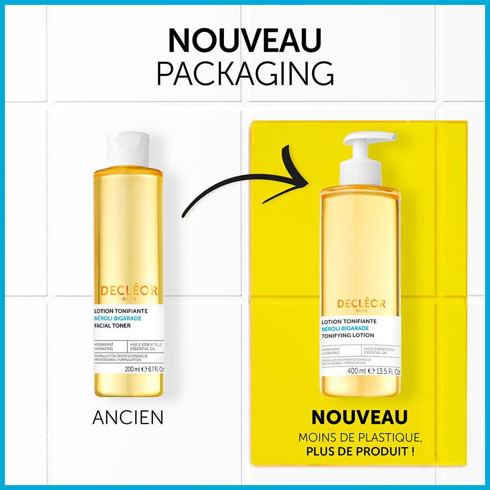 Comparaison : ancienne et nouvelle lotion DECLÉOR. Nouvelle lotion avec pompe. Liquide jaune. Inscription : TONIFYING LOTION. Plus de produit.