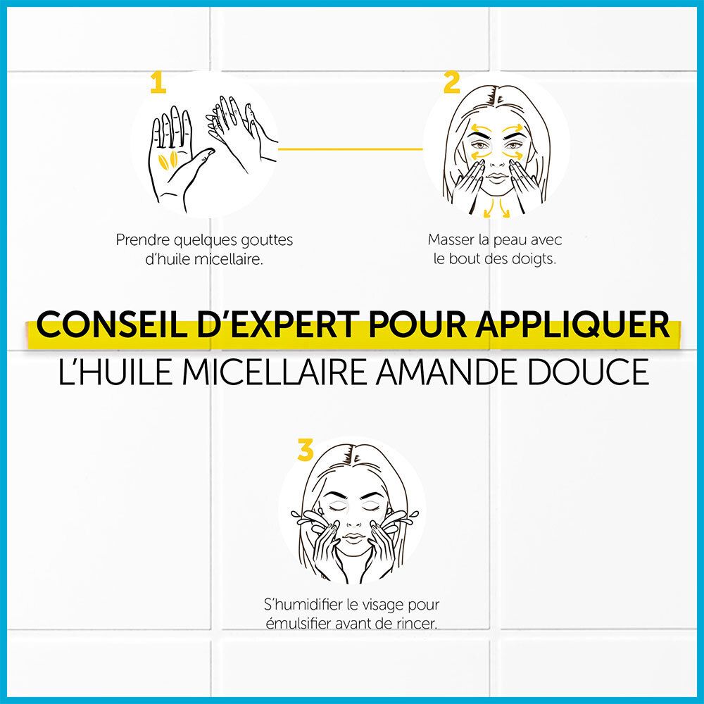 Trois étapes d'application. Texte: CONSEIL D'EXPERT POUR APPLIQUER L'HUILE MICELLAIRE AMANDE DOUCE.