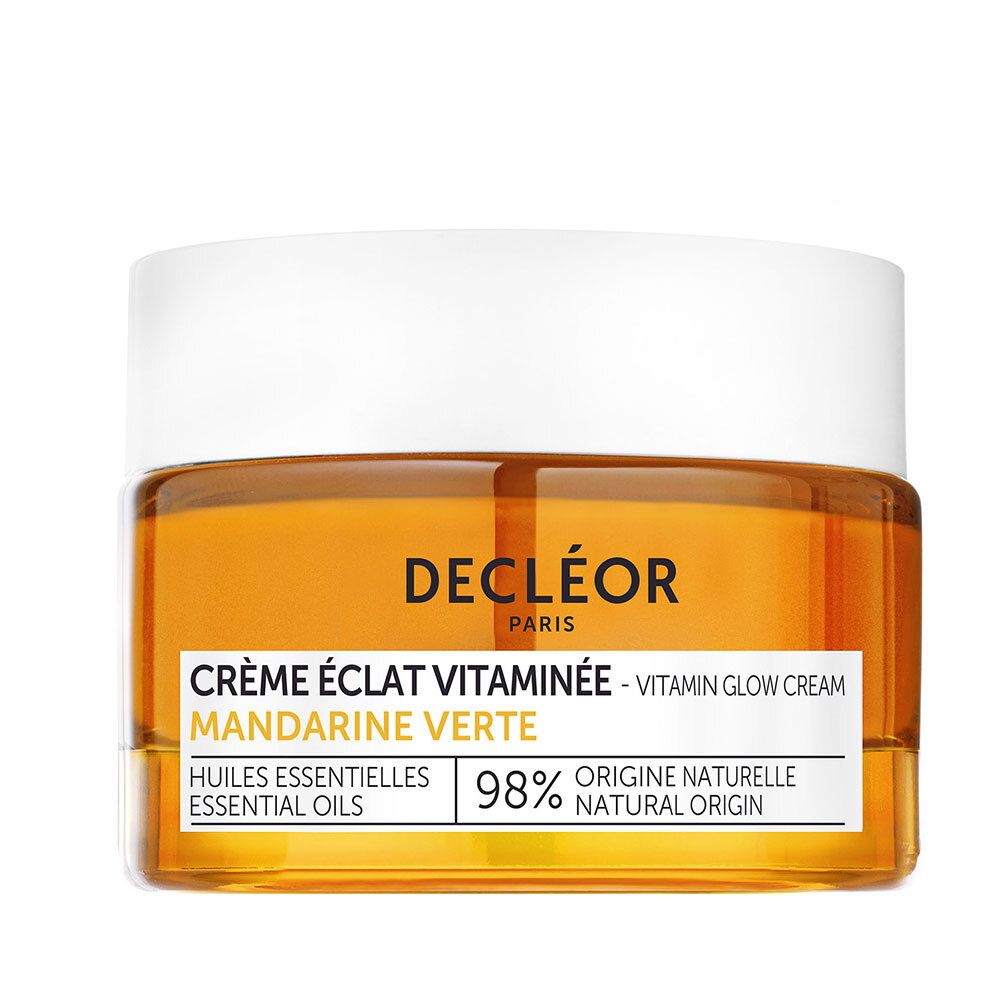 Pot de crème DECLÉOR, couvercle blanc. Crème Éclat Vitaminée, Mandarine Verte. Ingrédients naturels à 98%.