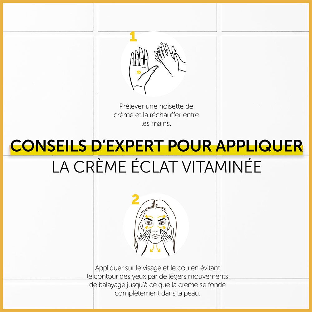 Instructions d'application de la crème. Texte: Conseils d'expert pour appliquer la Crème Éclat Vitaminée. Illustrations.
