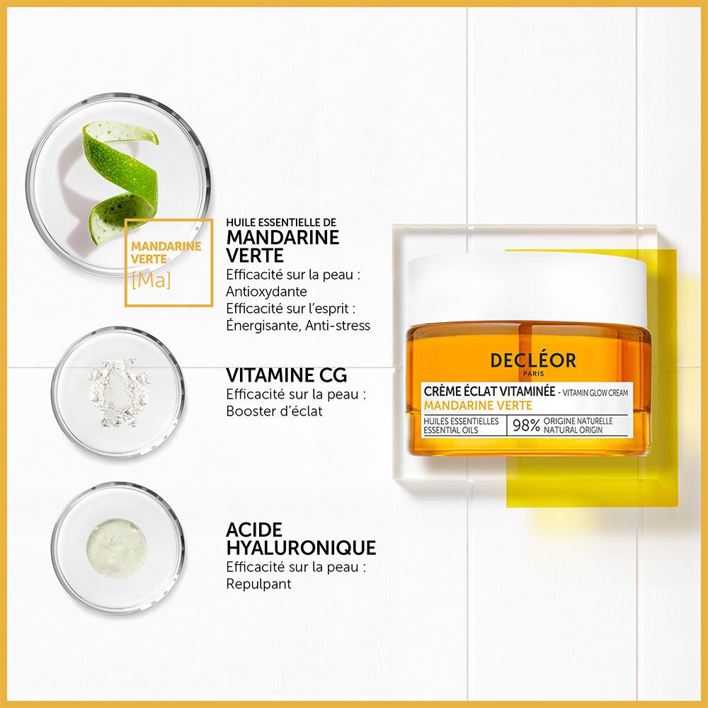 Pot de crème. DECLÉOR, Crème Éclat Vitaminée, Mandarine Verte. Ingrédients: Mandarine Verte, Vitamine CG, Acide Hyaluronique.