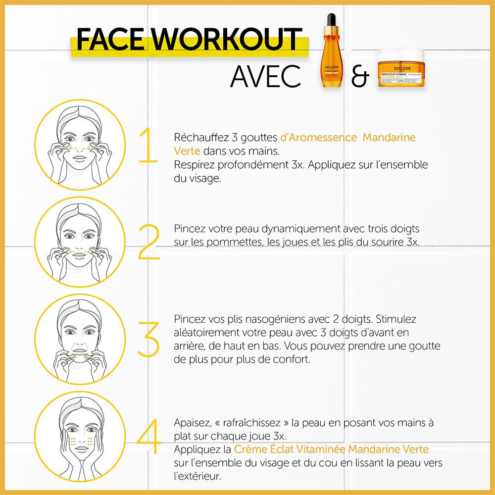 Instructions d'exercices faciaux. Texte: Face Workout Avec. DECLÉOR Aromessence et Crème Éclat Vitaminée.