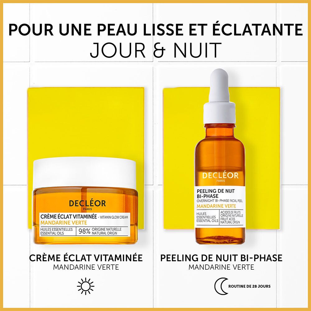 Deux produits. Crème Éclat Vitaminée et Peeling de Nuit Bi-Phase. Texte: Pour une peau lisse et éclatante jour & nuit.