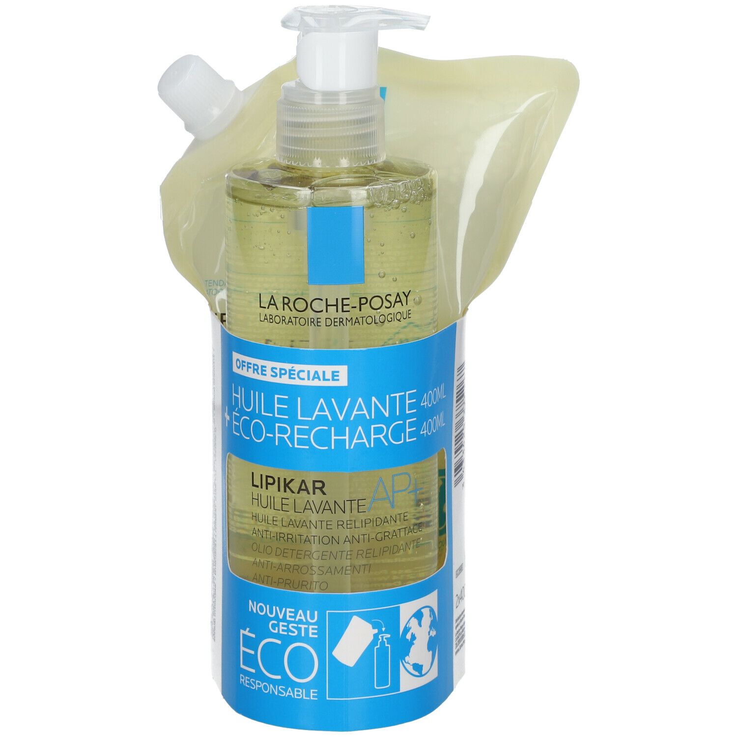 Emballage produit avec flacon et recharge. Inscriptions: LA ROCHE-POSAY, LIPIKAR AP+, Huile Lavante. Avec pompe.