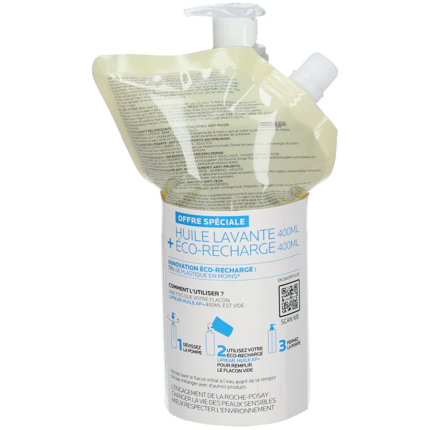 Emballage produit avec flacon et recharge. Instructions d'utilisation. Code QR. Texte: Huile Lavante + Eco-Recharge.