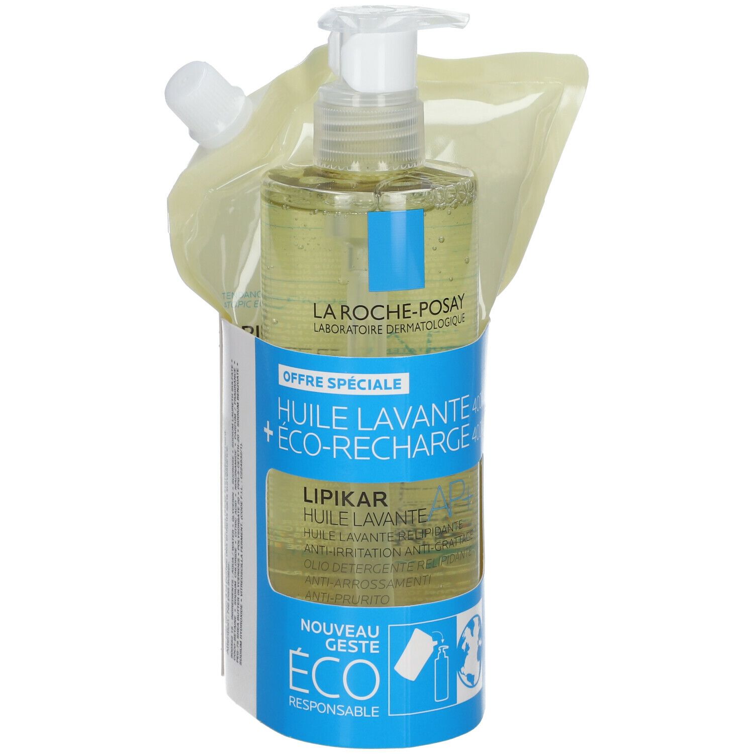 Emballage produit avec flacon et recharge. Inscriptions: LA ROCHE-POSAY, LIPIKAR AP+, Huile Lavante. Avec pompe.