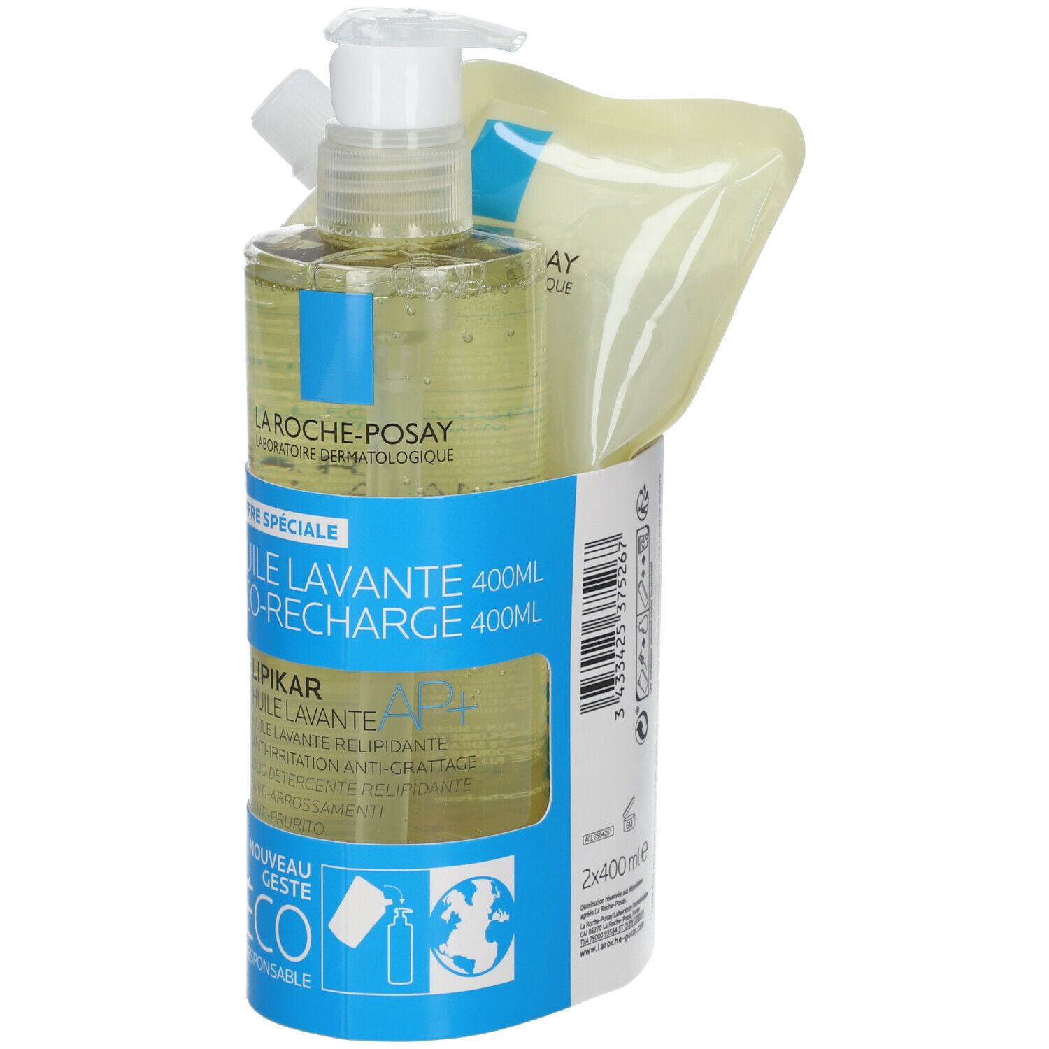 Emballage produit avec deux flacons et recharge. Inscriptions: Huile Lavante + Eco-Recharge. Avec pompe.