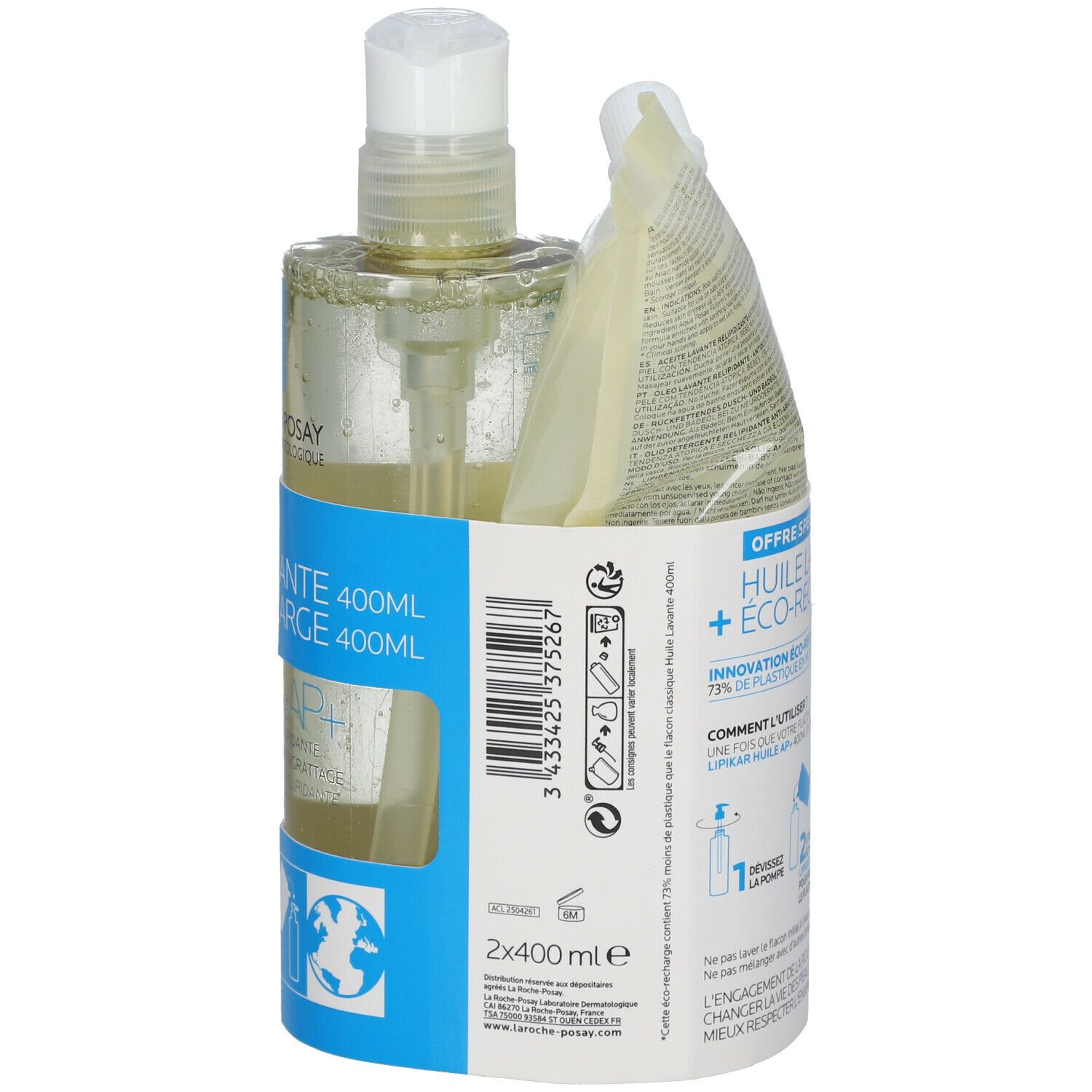 Emballage produit avec deux flacons et recharge. Inscriptions: Huile Lavante + Eco-Recharge. Avec pompe. Code-barres.