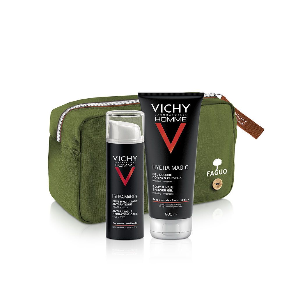Ensemble de deux produits et une trousse de toilette verte. Contient une crème et un gel douche. Marque : VICHY Homme.