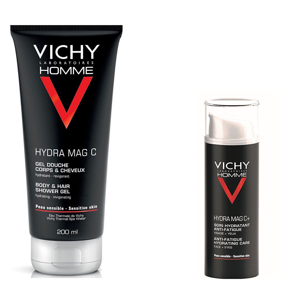 Deux produits : gel douche et crème. Tubes noirs avec logo V rouge. Marque : VICHY Homme. Texte : Hydra Mag C.