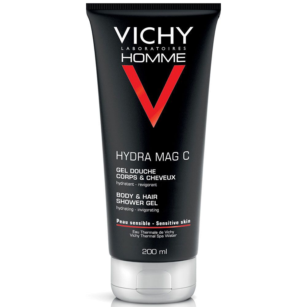Tube noir avec logo V rouge. Texte : Hydra Mag C, Gel Douche Corps & Cheveux. Marque : VICHY Homme. 200 ml.