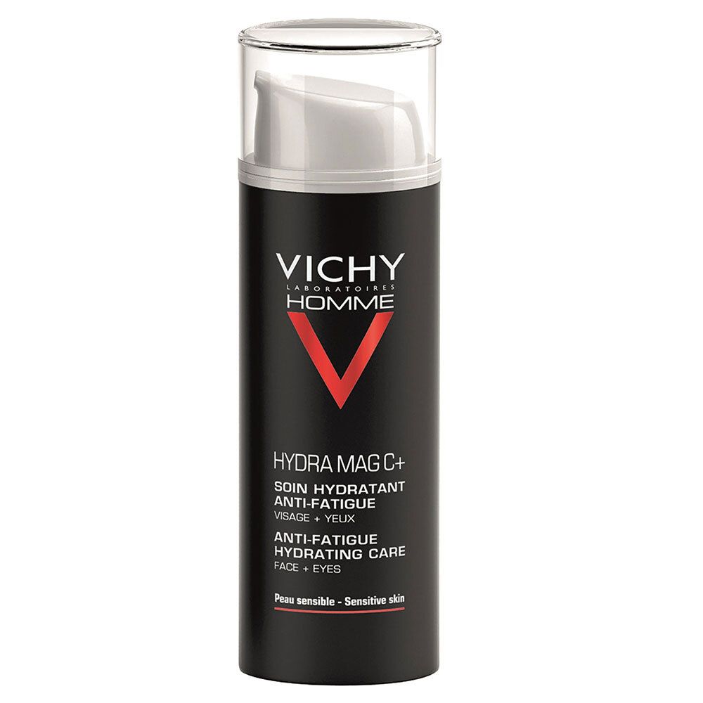 Flacon noir avec logo V rouge. Texte : Hydra Mag C+, Anti-Fatigue. Marque : VICHY Homme. Avec distributeur.