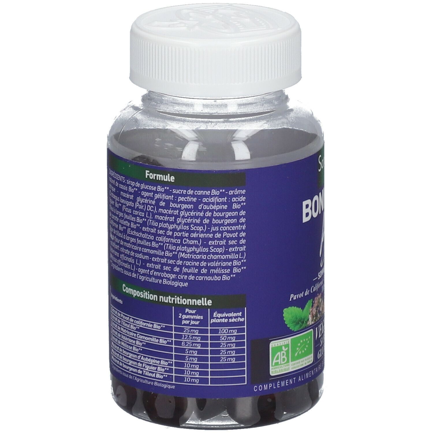 Flacon transparent avec gommes noires. Étiquettes bleues avec ingrédients et informations nutritionnelles. Bouchon à vis blanc.