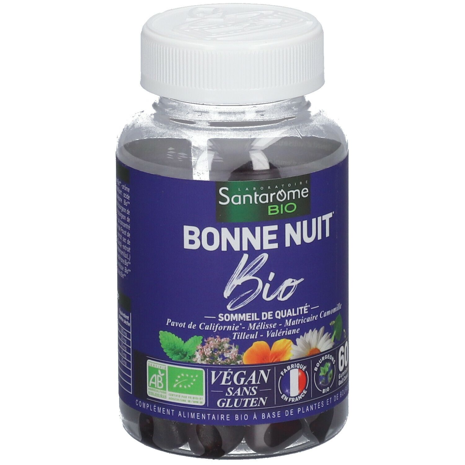 Flacon transparent avec gommes noires. Étiquette bleue avec nom du produit, logo et certifications. Bouchon à vis blanc.