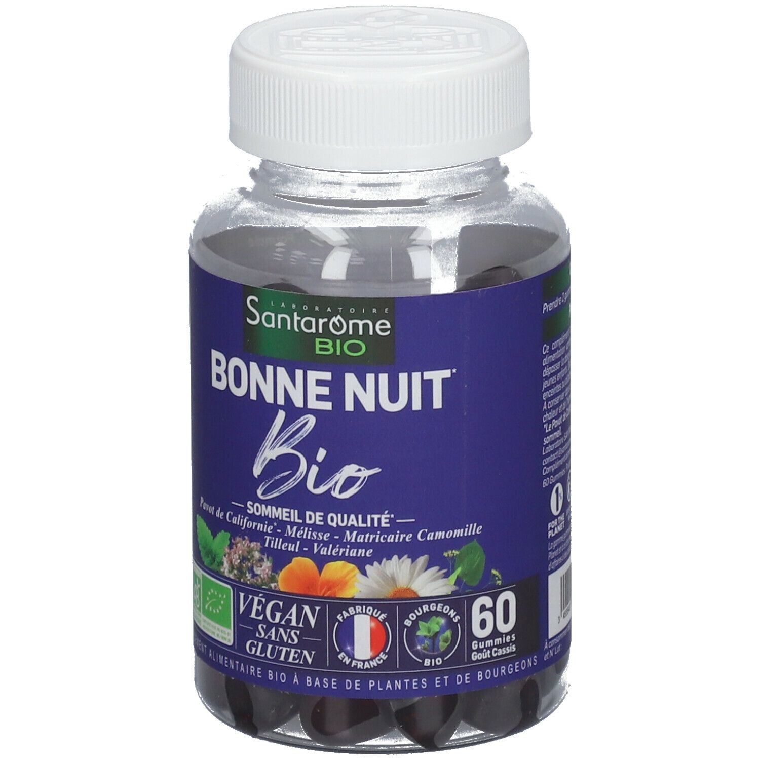 Flacon transparent avec gommes noires. Étiquette bleue avec nom du produit, logo, 60 gommes et certifications. Bouchon à vis blanc.