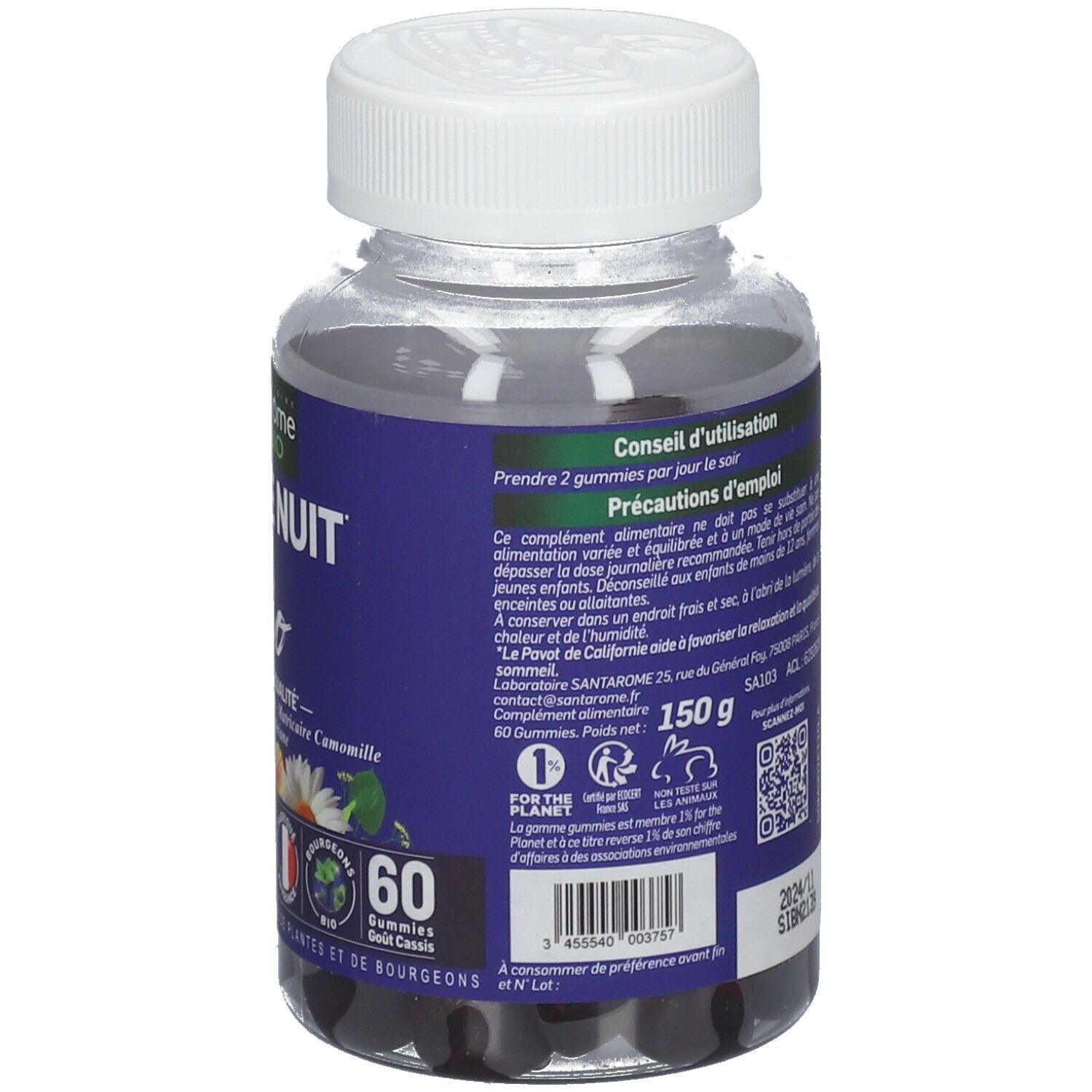 Flacon transparent avec gommes noires. Étiquette bleue avec nom du produit, 60 gommes, poids et date de péremption. Bouchon à vis blanc.